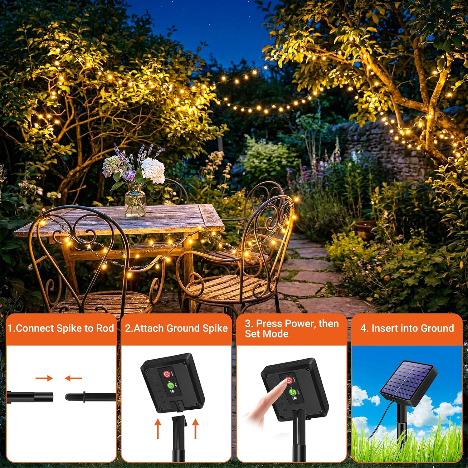 Nächtlicher Garten mit Lichterketten an Bäumen und Möbeln, unten eine 4-Schritte-Anleitung für Solarleuchten.