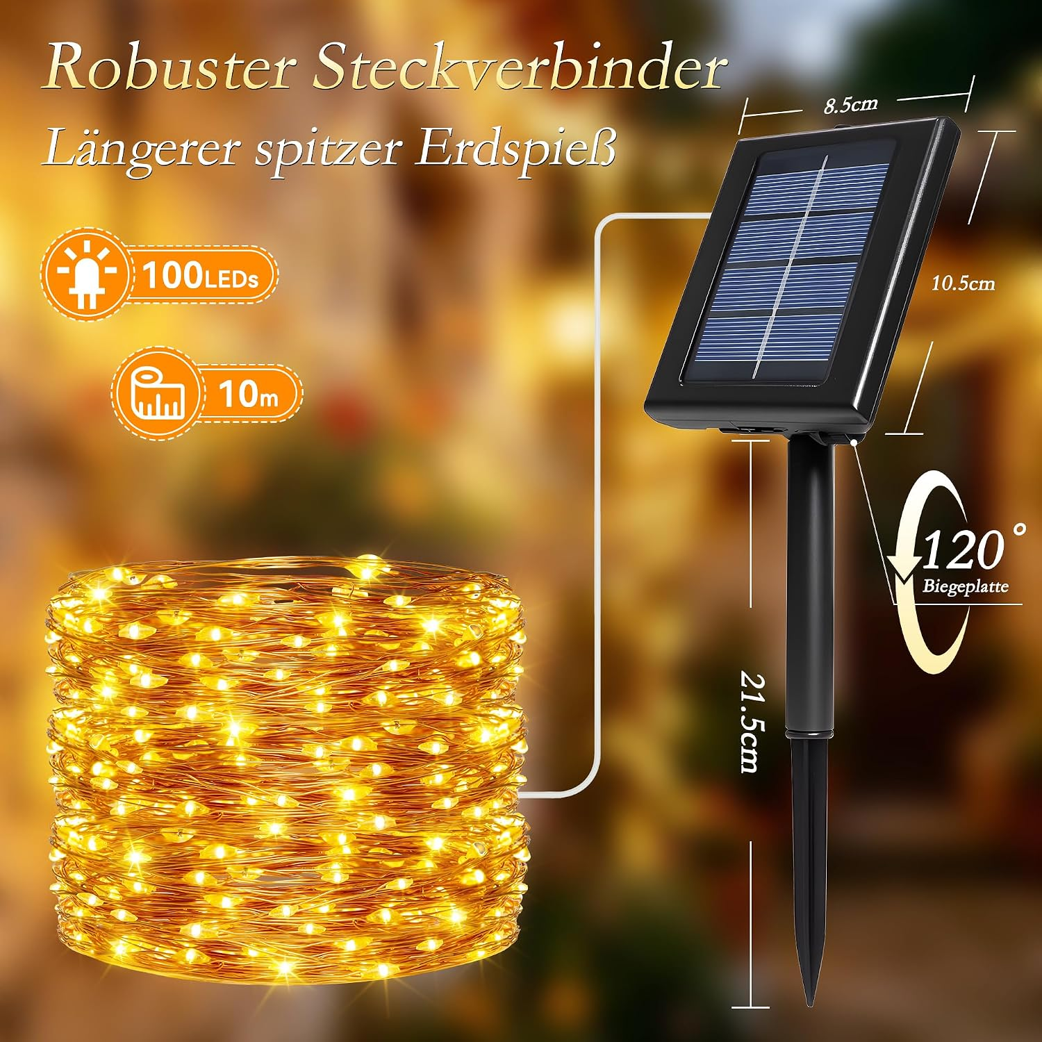 Solarpanel und aufgewickelte Lichterkette mit 100 LEDs und Maßangaben.