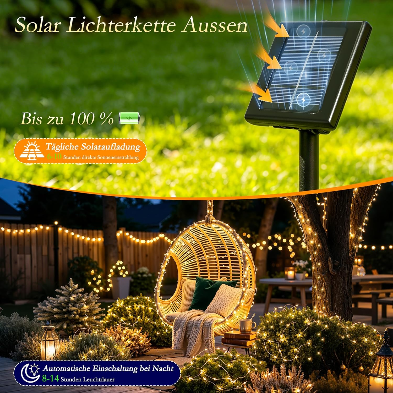 Solarpanel im Garten oben, beleuchteter Hängesessel und Lichterketten im Garten unten bei Nacht.