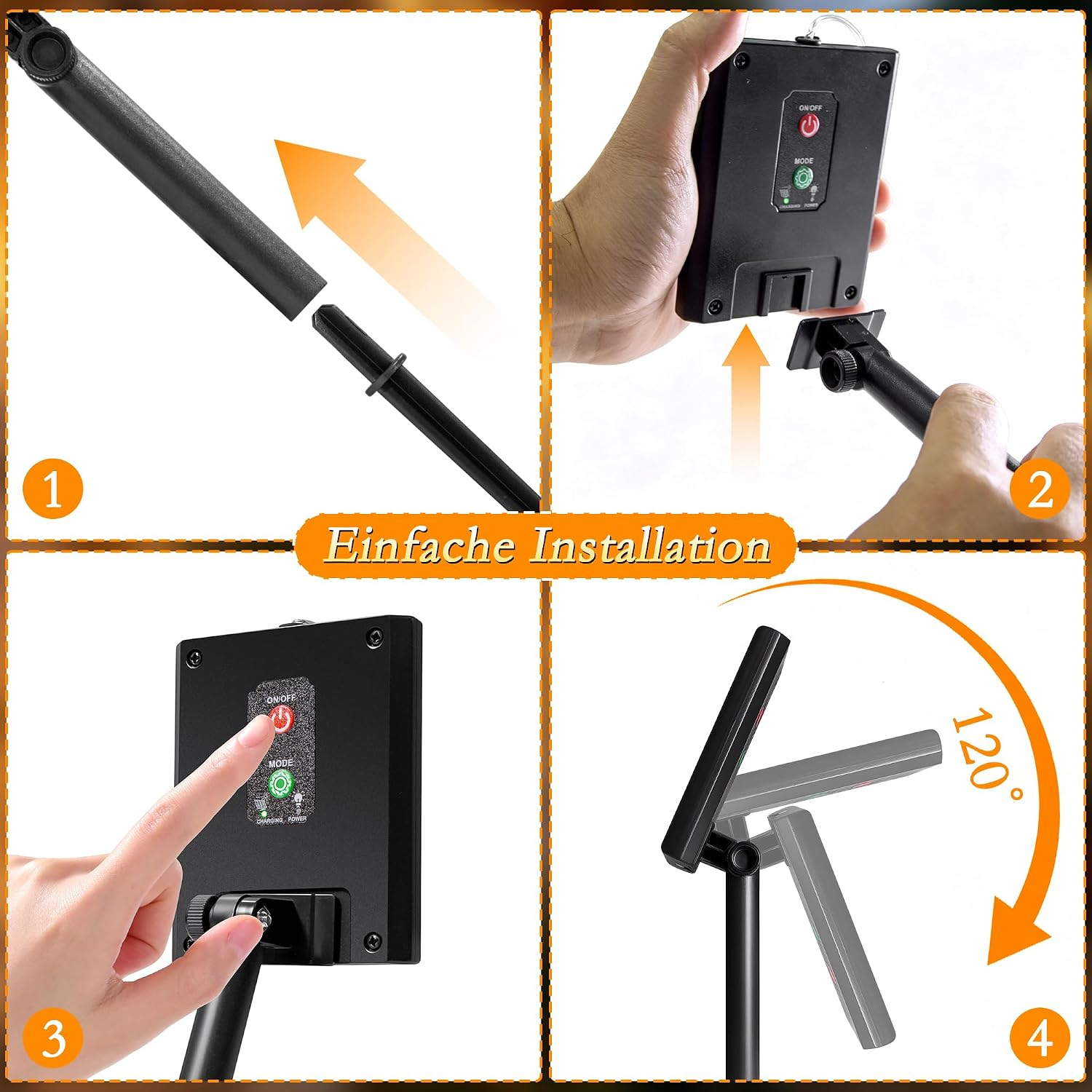 Vier Schritte zur einfachen Installation einer Solarleuchte mit Pole, Panel, Knopf und Winkeleinstellung.