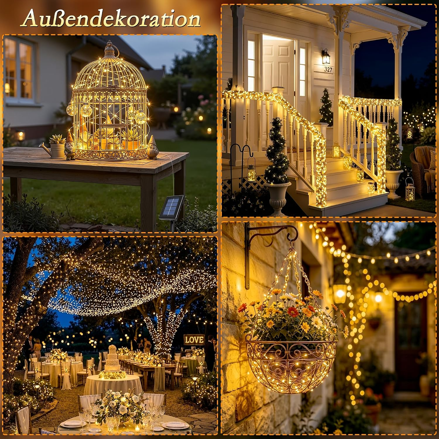 Collage von Lichterketten-Außendekorationen mit Vogelkäfig, Verandageländer, Bäumen und Hängepflanze.