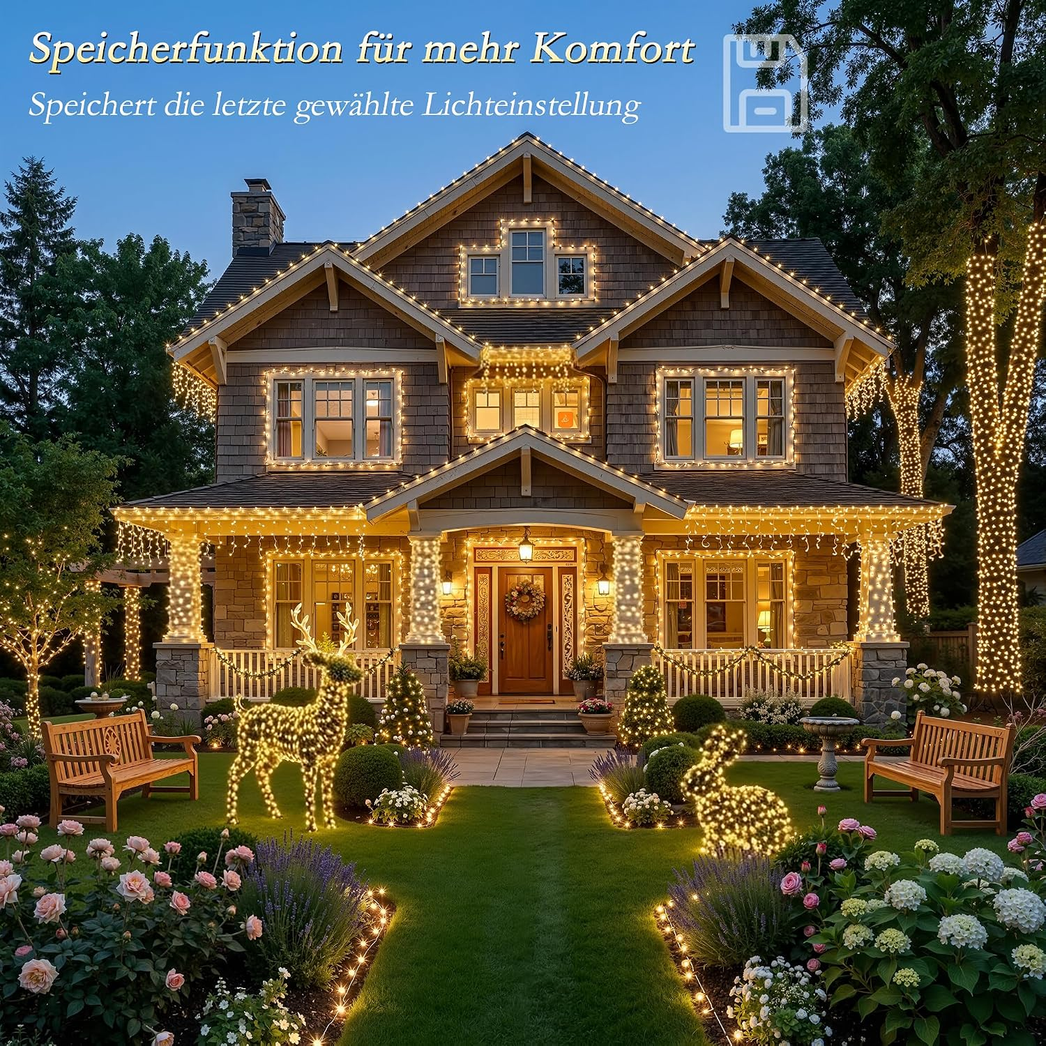 Beleuchtetes Haus mit Weihnachtsbeleuchtung, beleuchteten Rentieren und Bänken im Vorgarten bei Dämmerung.