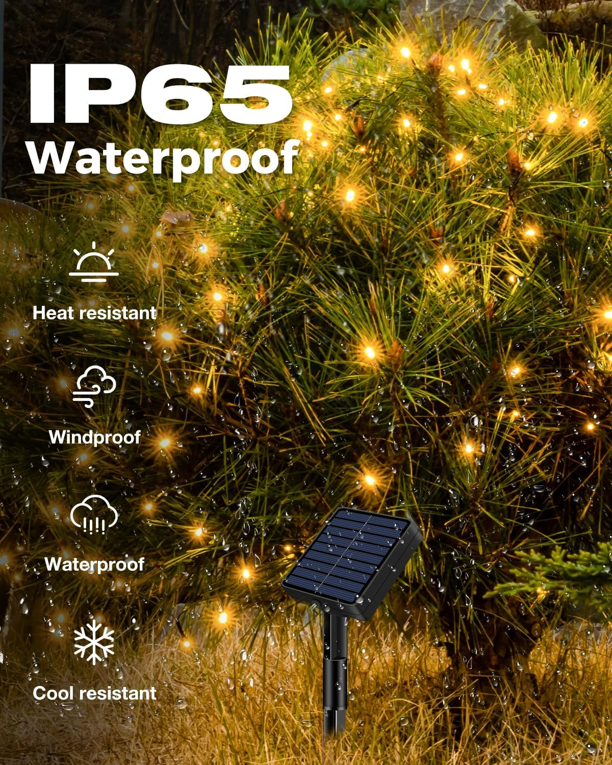 Wasserdichte Solar-Lichterkette auf Tannenbaum mit Symbolen für Hitzebeständigkeit, Winddichtigkeit, Wasserdichtigkeit und Frostschutz.