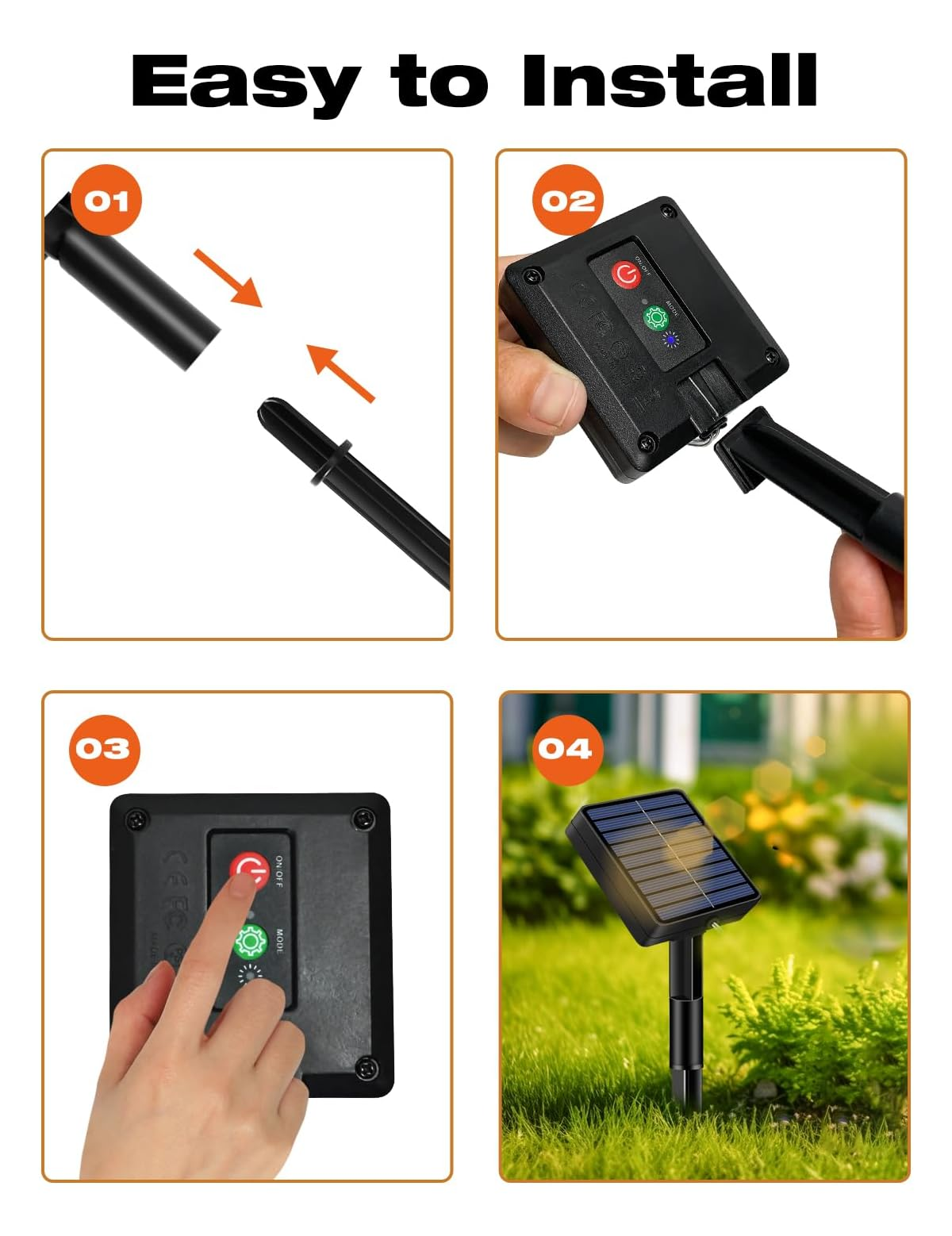 Vier schritte um eine solarleuchte zu installieren mit pfeilen und händen die teile zusammenbauen und einschalten.