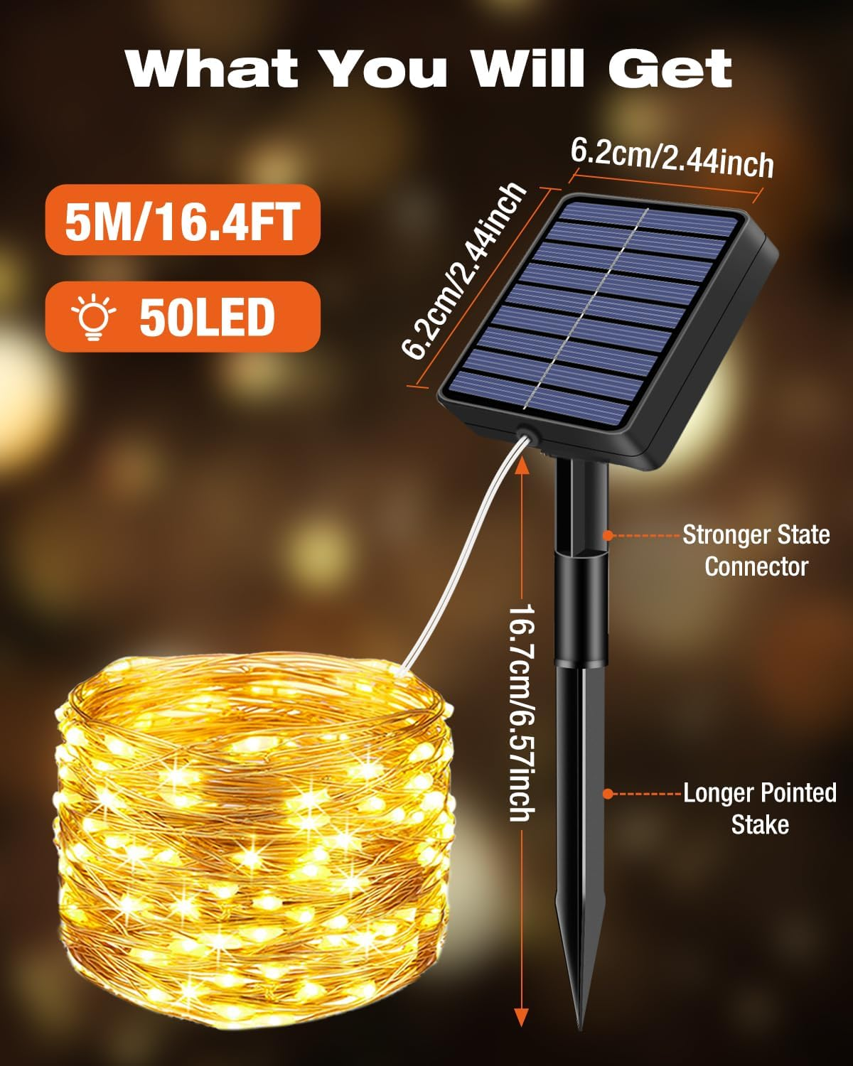 Solar-Lichterkette mit Abmessungen, 5m lang mit 50 LEDs und einem schwarzen Solarpaneel mit Erdspieß.