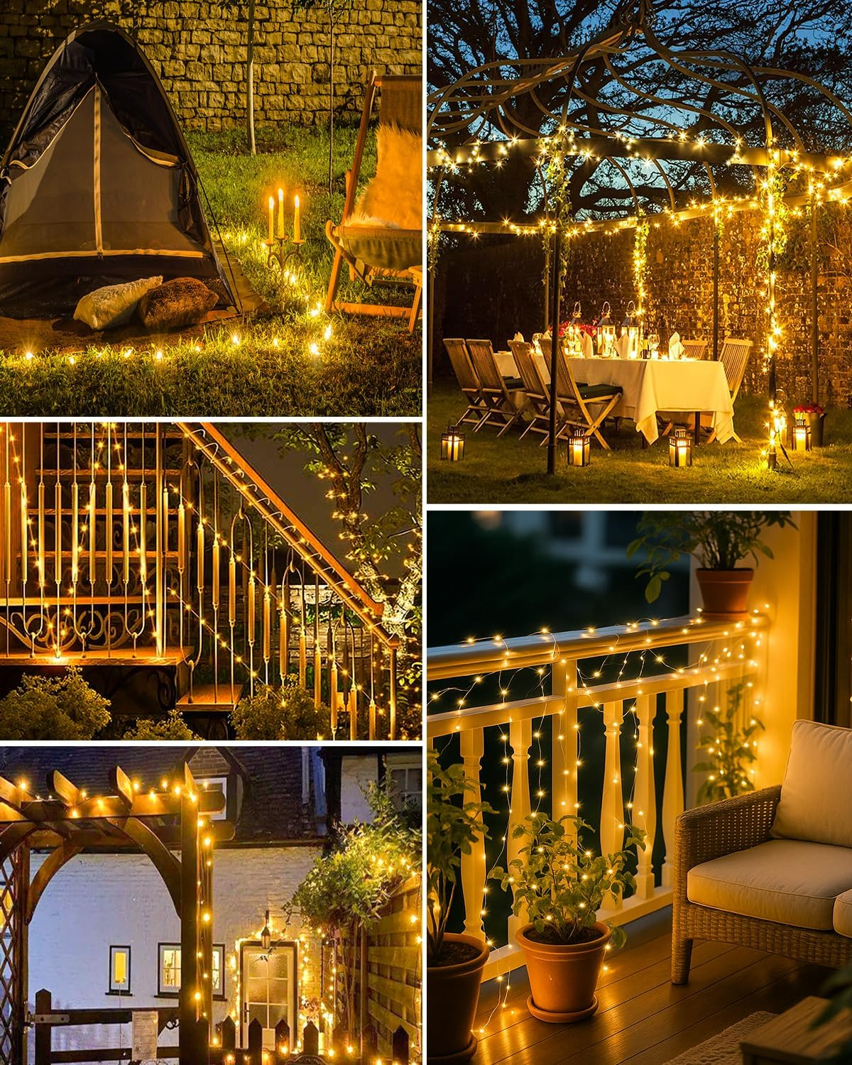 Gemütliche Gärten und Terrassen bei Nacht, beleuchtet mit warmen LED-Lichterketten und Laternen.