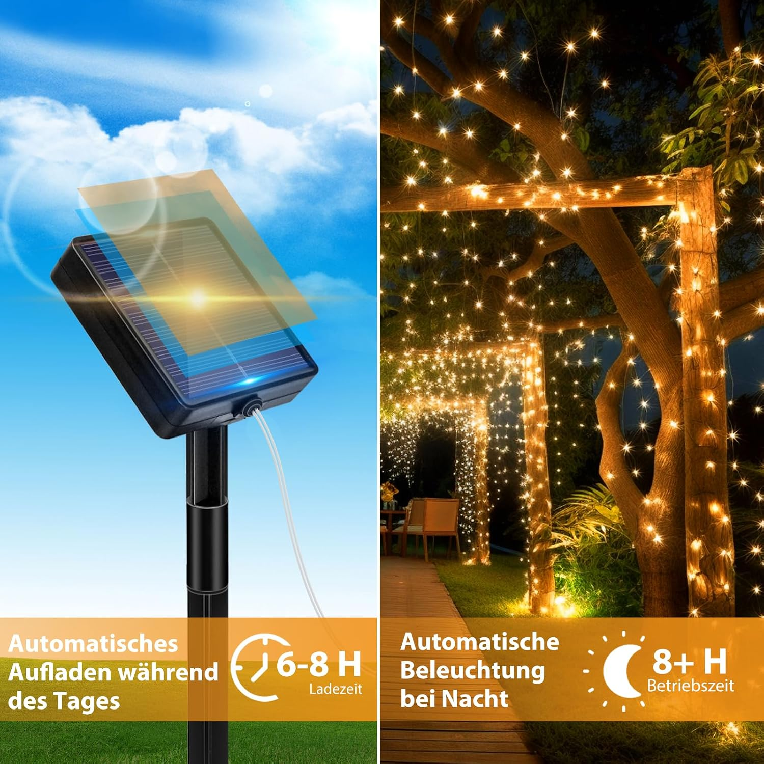 Solarpanel lädt tagsüber auf und beleuchtet nachts Bäume mit Lichterketten.