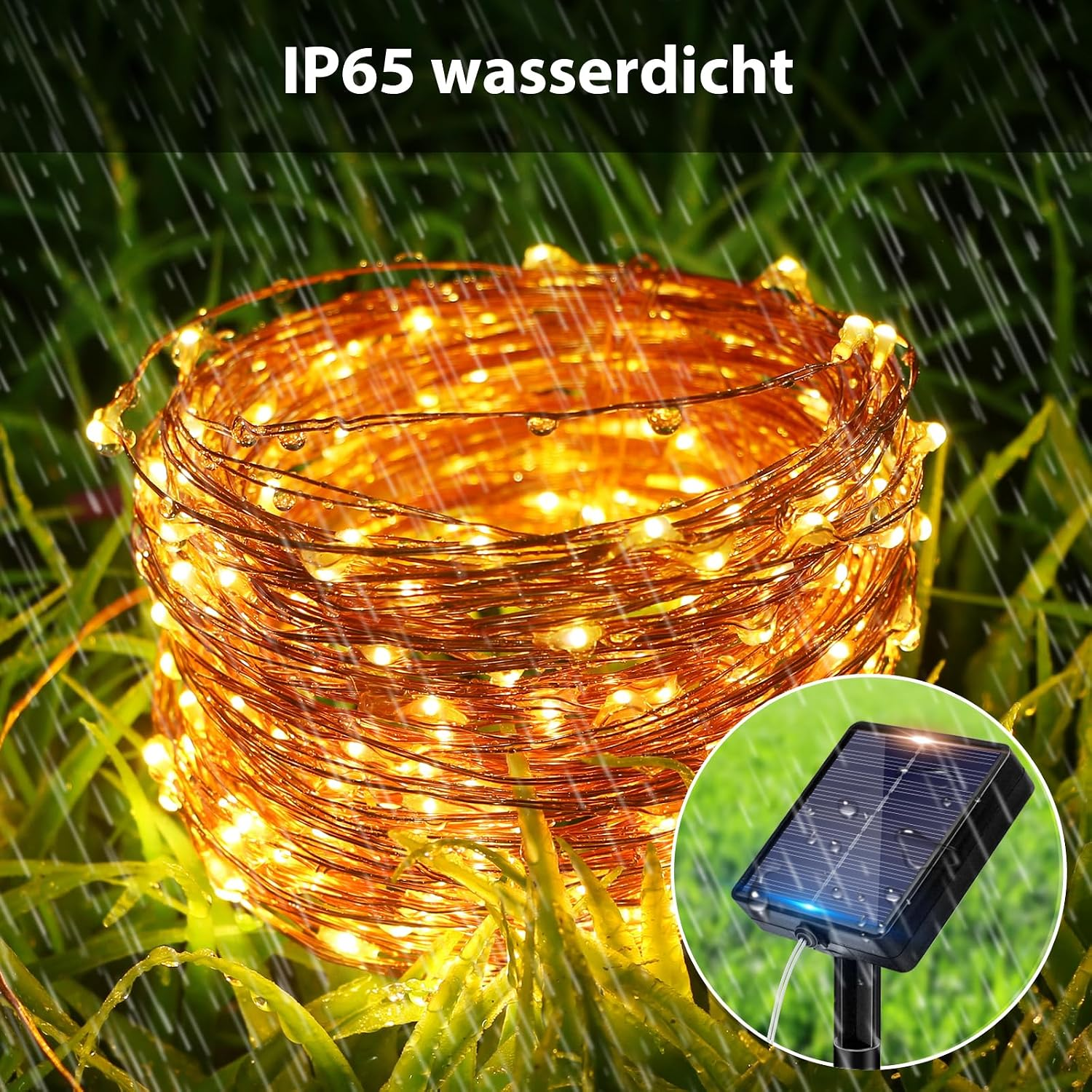 Wasserdichte Solar-Lichterkette im Regen mit integriertem Solarpanel.