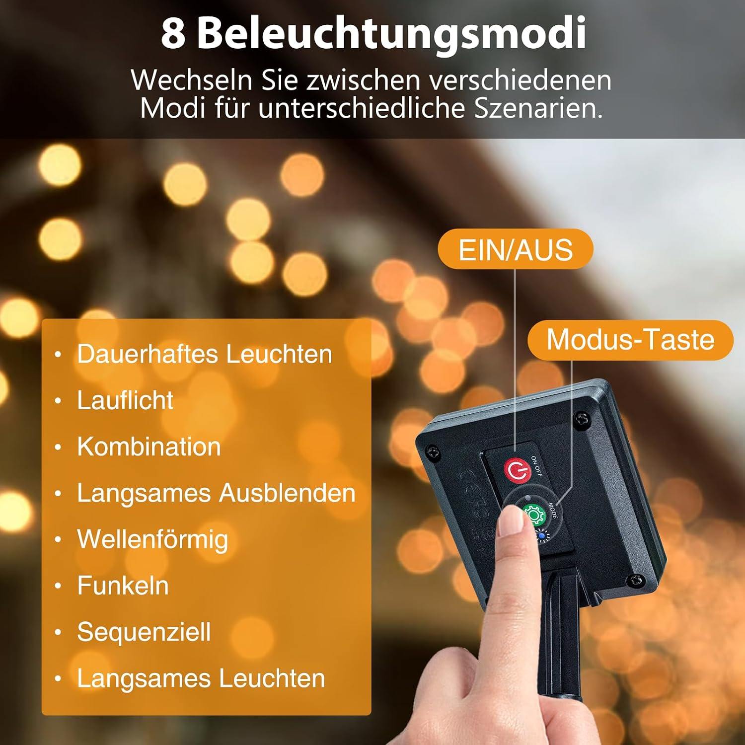 Ein Finger drückt eine Modustaste an einem Solar-Lichtcontroller mit verschwommenem Bokeh-Hintergrund.