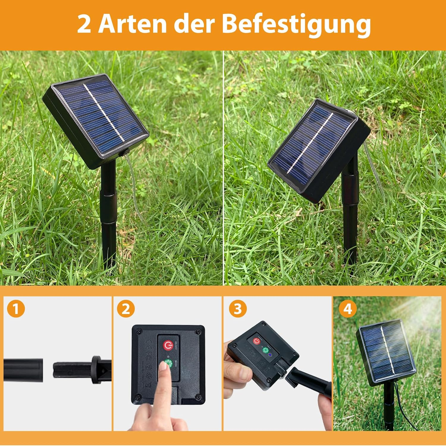 Solarpanel mit zwei Befestigungsarten, gezeigt in Rasen und mit Anleitungsschritten.