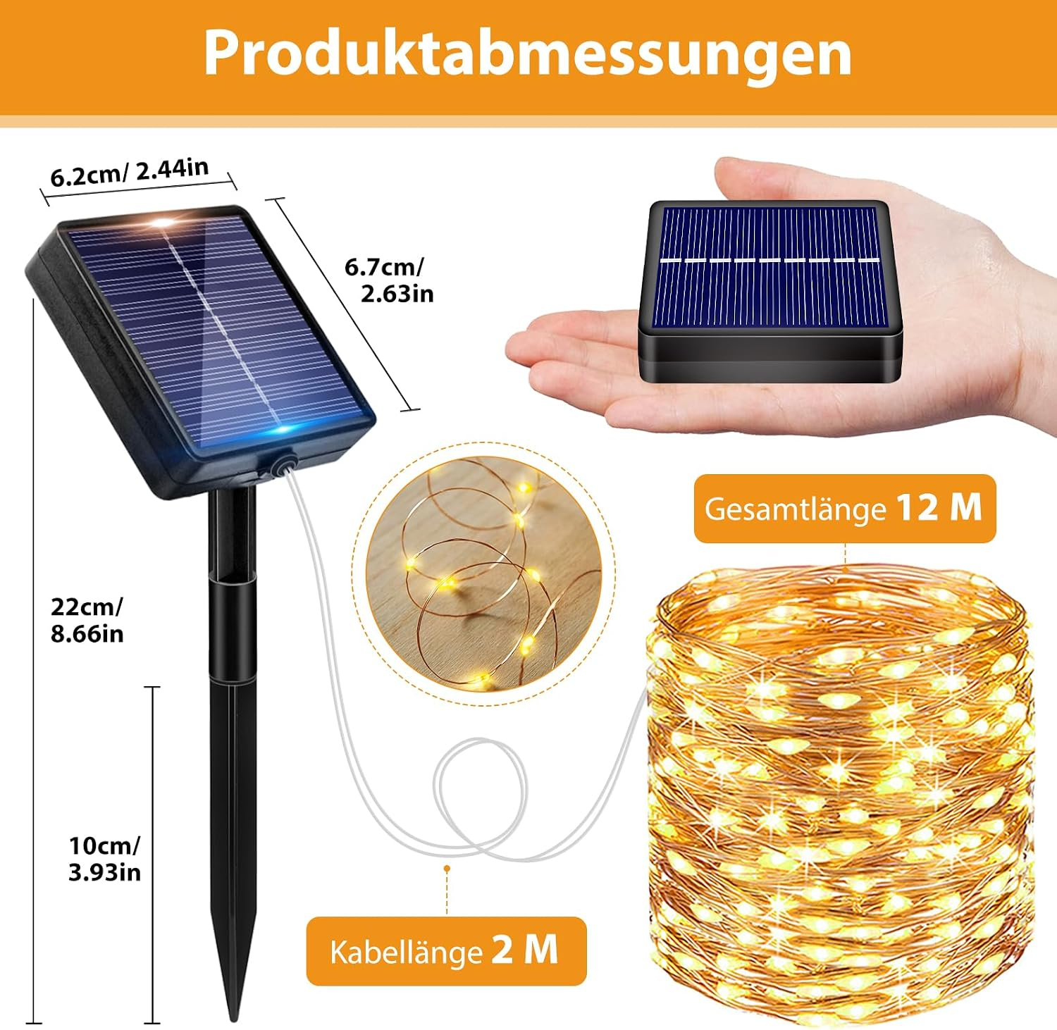 Produktabmessungen einer Solarlichterkette mit Panel, Maßen und 12m Länge.
