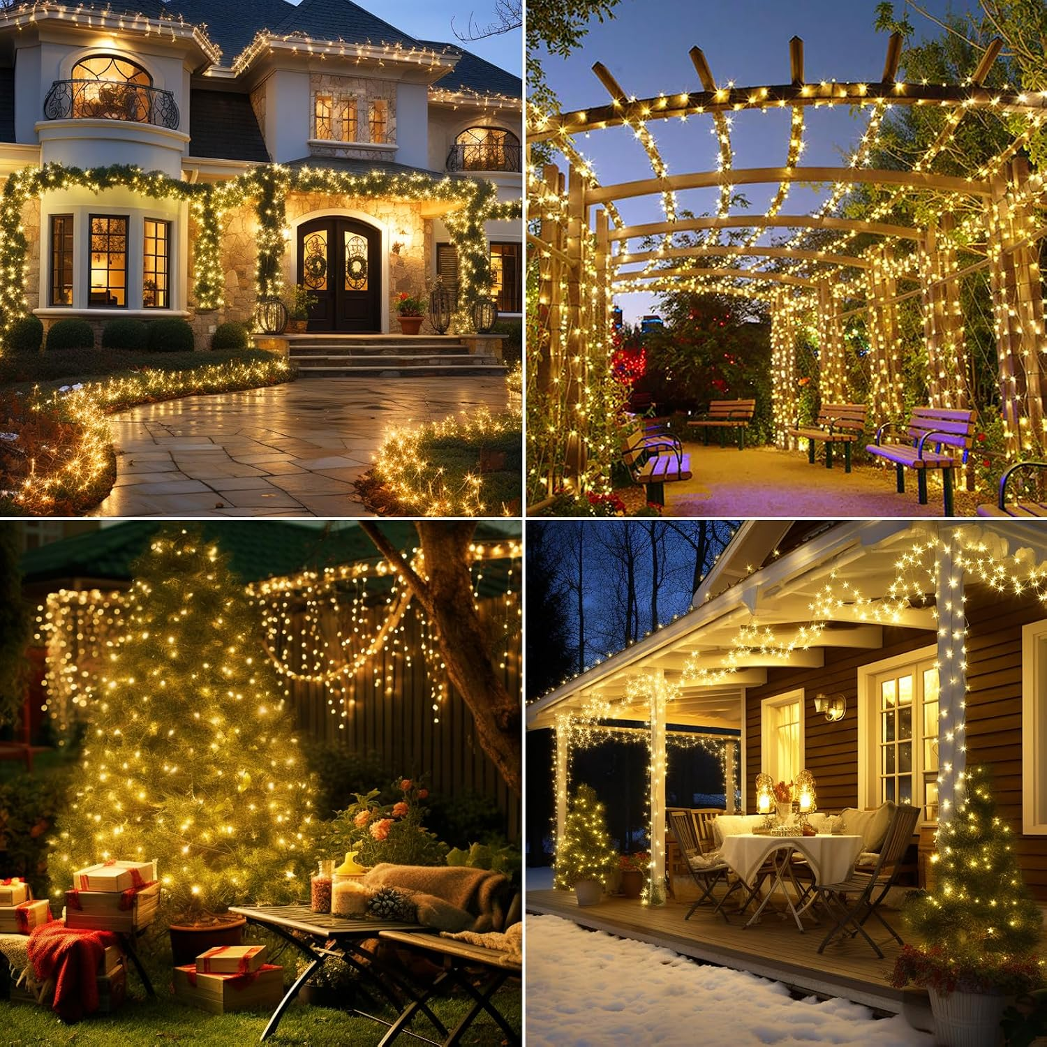 Vier Bilder zeigen festlich beleuchtete Außenbereiche mit Weihnachtslichtern an Häusern, Bäumen und Pergolen.