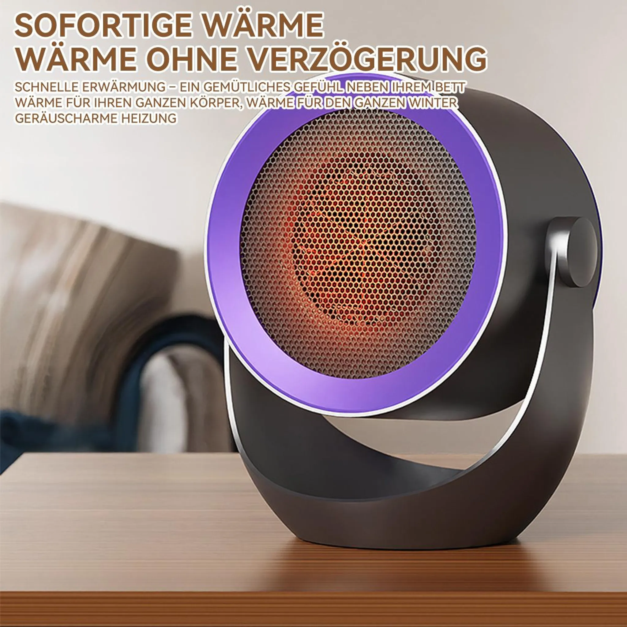 Ein schwarz-lila elektrischer Heizlüfter auf einem Holztisch mit deutschem Werbetext.