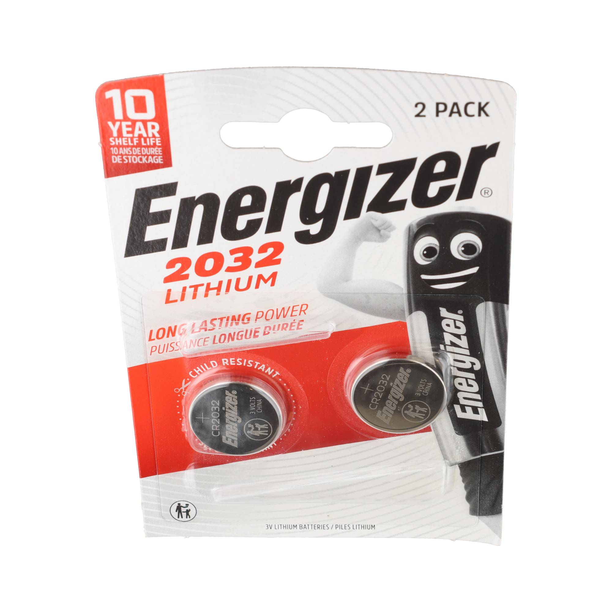 Opakowanie zawierające dwie baterie litowe guzikowe Energizer 2032 w czerwono-białym blistrze.