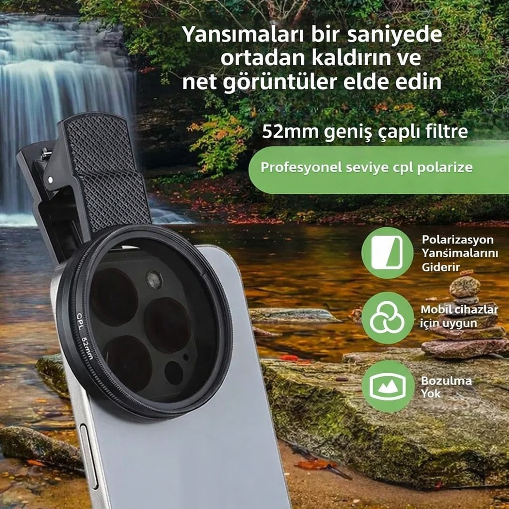 Şelale ve nehir arka planında, kameralarının üzerinde klipsli CPL filtre olan bir akıllı telefon.
