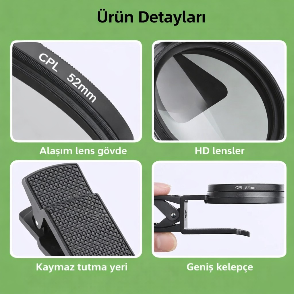 Yeşil arkaplanda klipsli 52mm CPL lensin detaylarını gösteren dört ürün görseli.