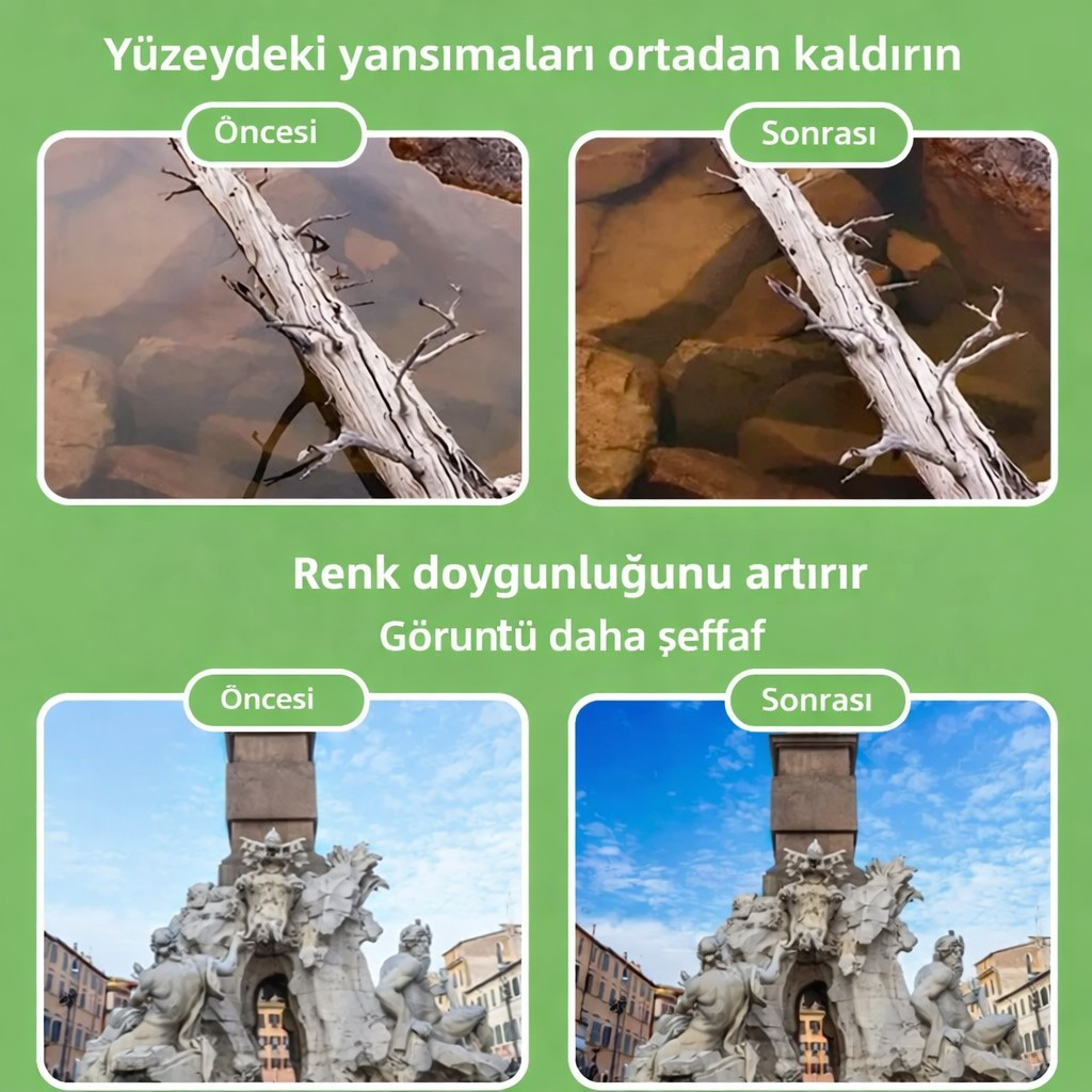 Karşılaştırma görselleri yansıma azaltma ve artan renk doygunluğunu gösterir.