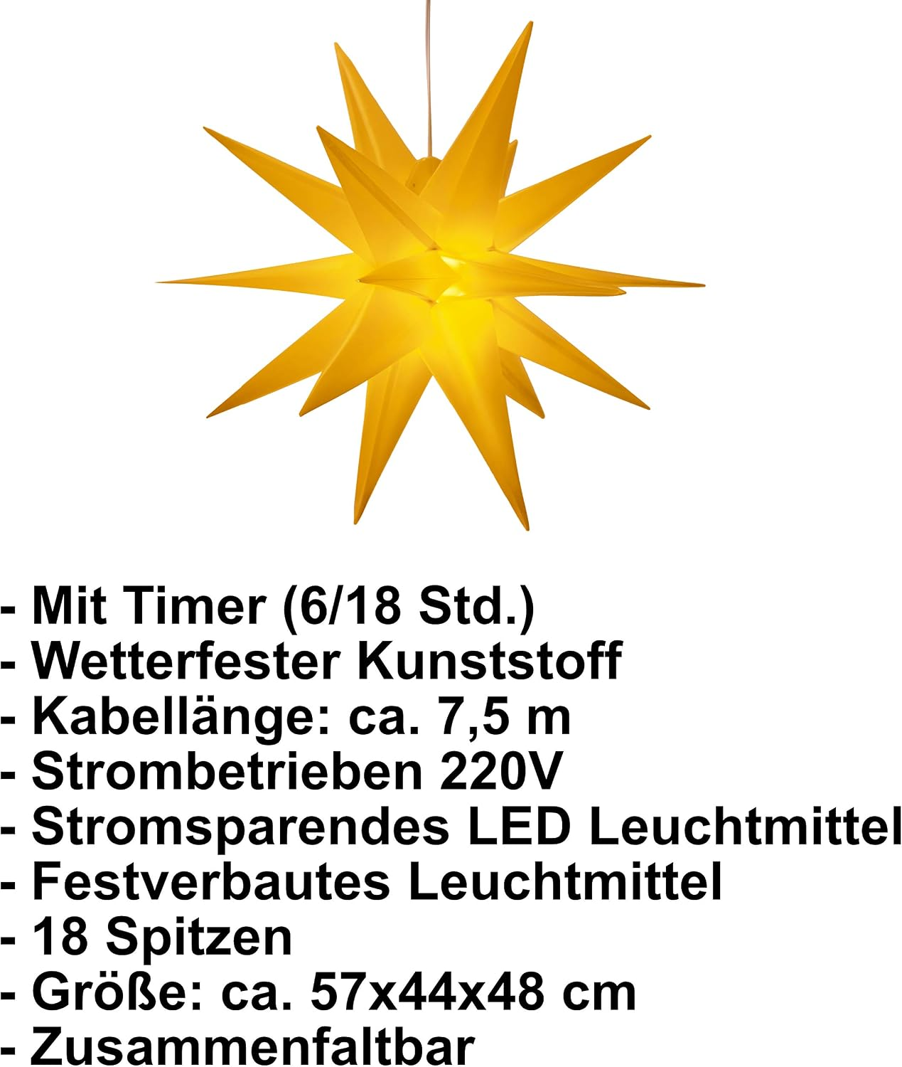 Beleuchteter gelber 18-zackiger Stern mit deutschem Produktdatenblatt unten.