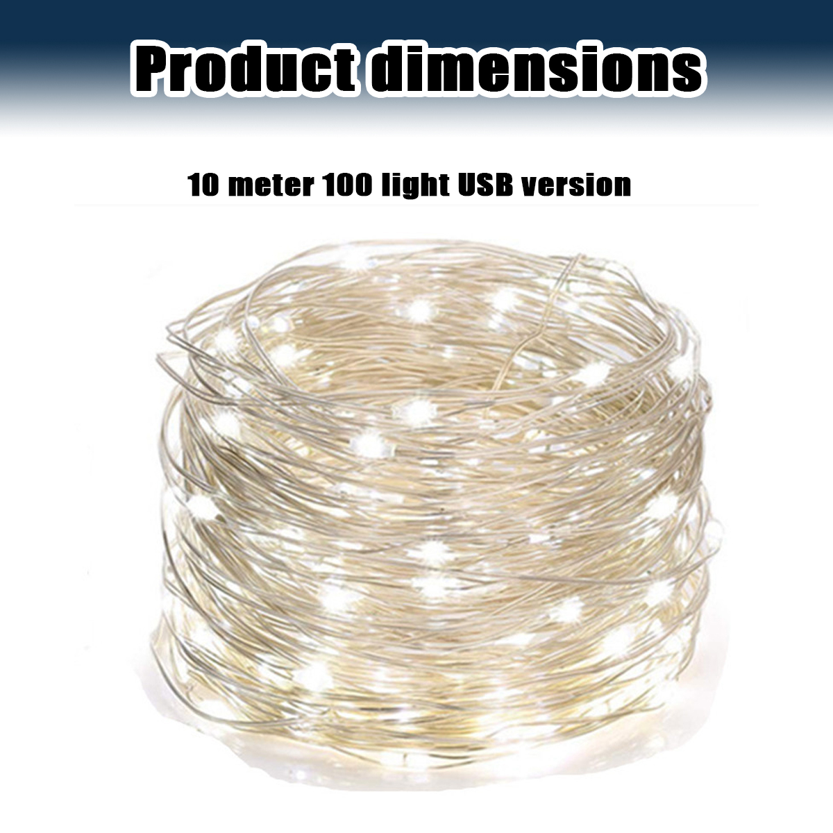 10 Meter lange USB-Lichterkette mit 100 Lichtern, aufgerollt auf weißem Hintergrund.