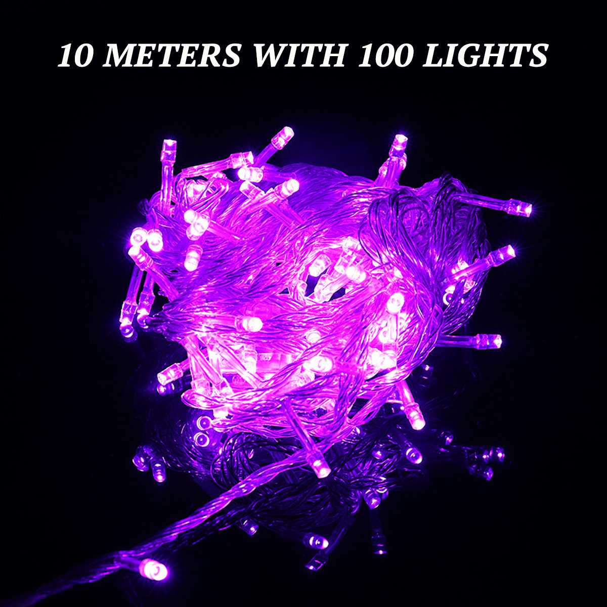 Ein Bündel leuchtend lila Lichterketten vor schwarzem Hintergrund, mit dem Text 10 Meter mit 100 Lichtern.
