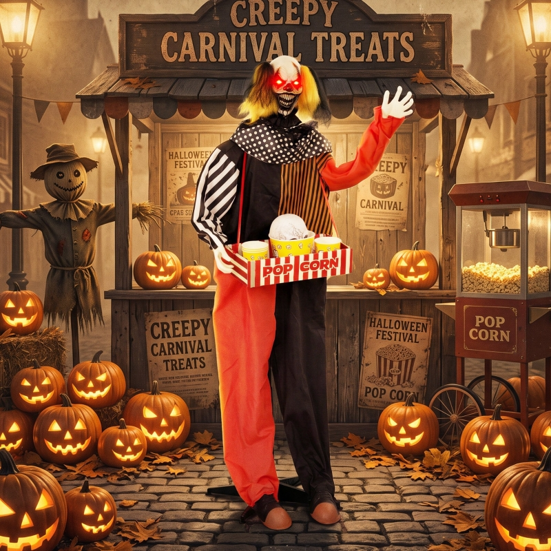 Ein gruseliger Clown im schwarz-roten Kostüm hält eine Popcorn-Box vor einem Marktstand mit vielen Kürbissen.