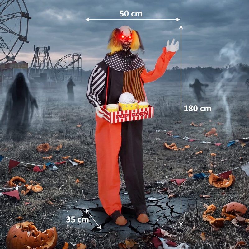Ein gruseliger Animatronic-Clown mit leuchtenden Augen und Popcorn-Box steht in einer geisterhaften Landschaft.