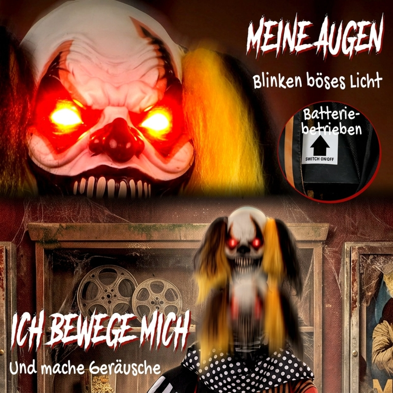 Gruseliger Clown mit leuchtenden Augen und Text auf dunklem Hintergrund.