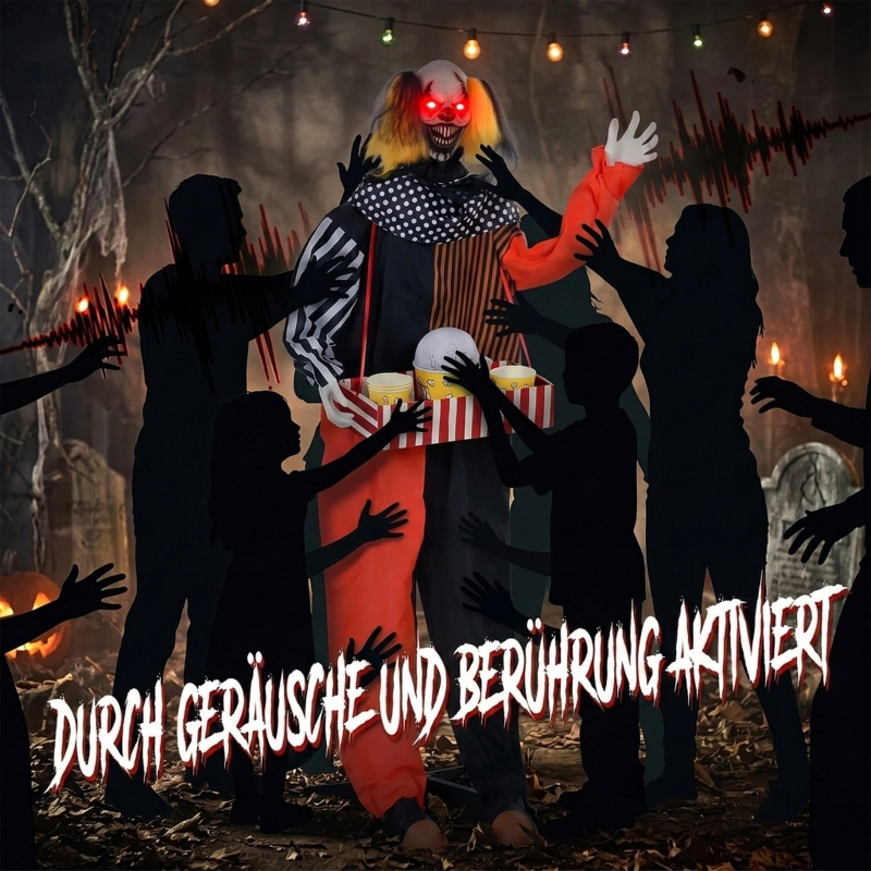 Gruseliger Clown mit Popcorntablett, umgeben von dunklen Silhouetten in einem gruseligen Wald.