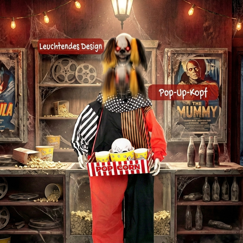 Halloween-Clownfigur hält Popcorn in einer dekorierten Gruselszene.