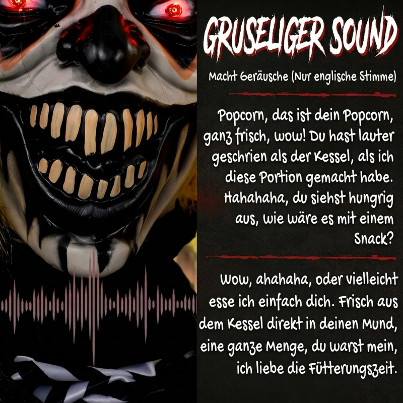 Gruseliger Clown mit Leuchtaugen und gelben Zähnen neben deutschem Text und einer Soundwelle.