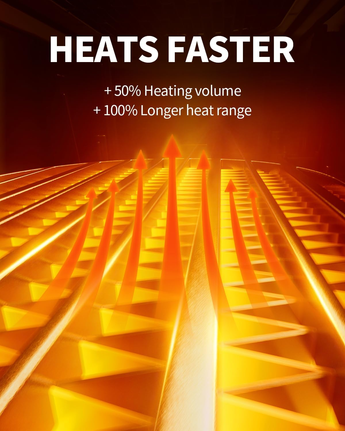 Glühende Heizelemente mit aufsteigenden roten Pfeilen und Text "Heats Faster".