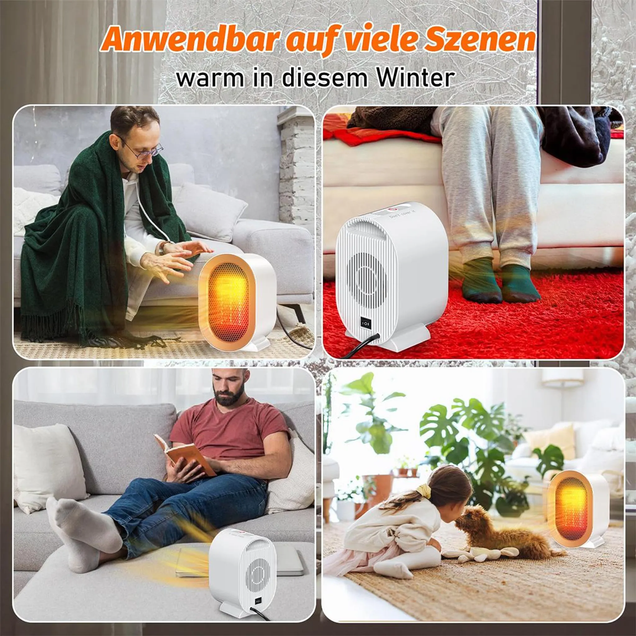 Vier Bilder von Menschen, die tragbare Heizgeräte für Gemütlichkeit zu Hause nutzen.