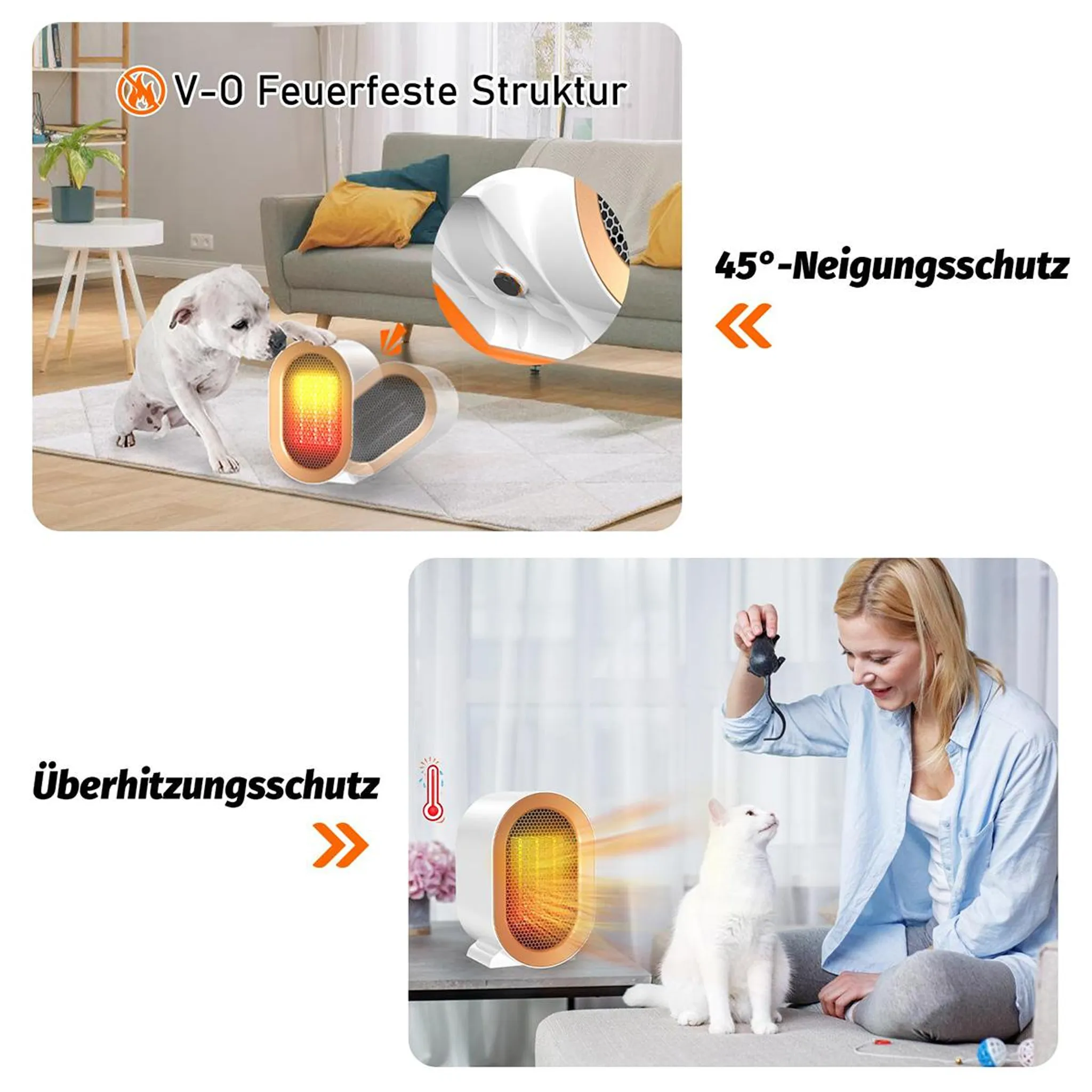 Ein tragbarer Heizlüfter neben Hunden und Katzen in einem Wohnzimmer mit Texten zu Sicherheitsfunktionen.