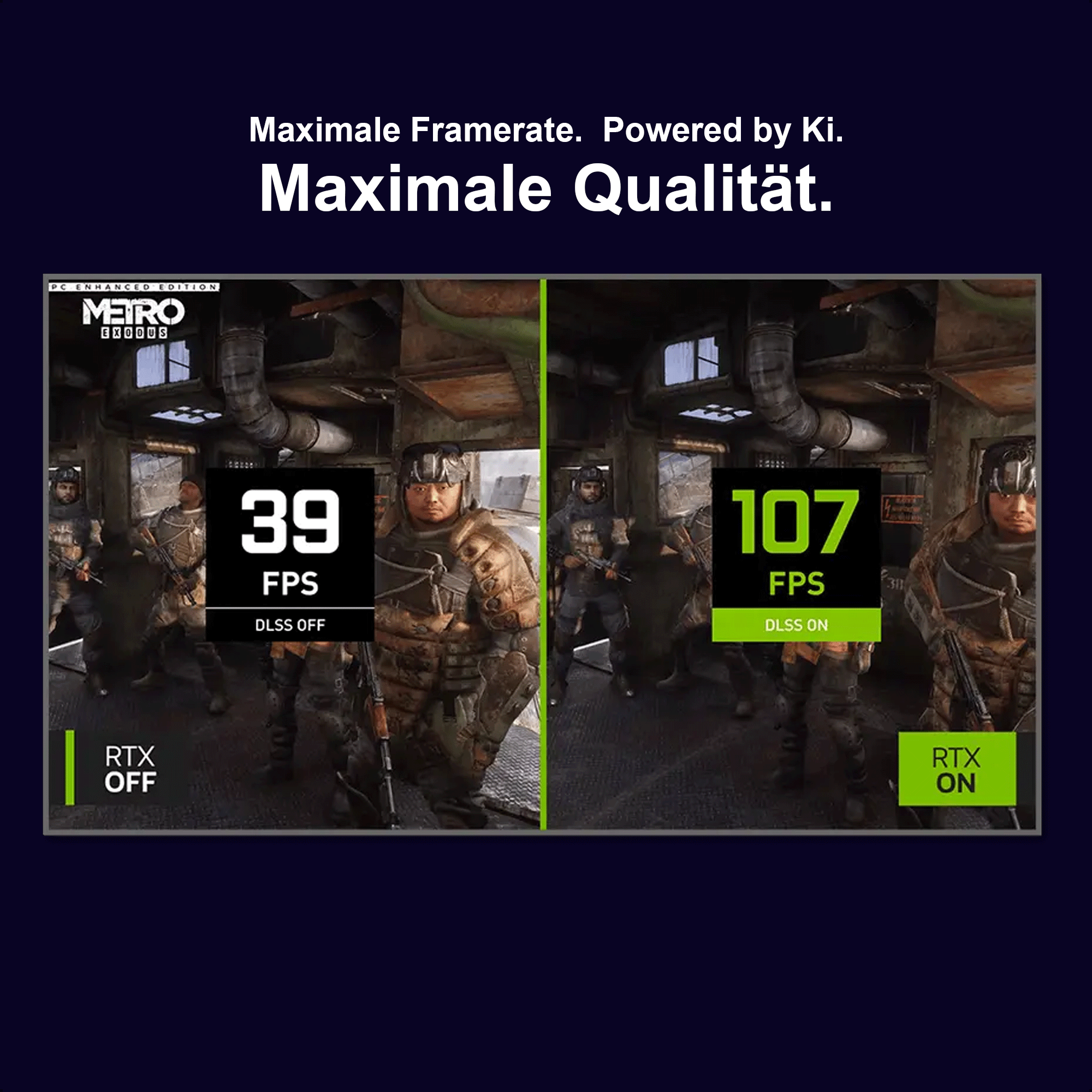 Porównanie Metro Exodus PC-Enhanced Edition pokazujące 39 FPS przy DLSS OFF i 107 FPS przy DLSS ON.