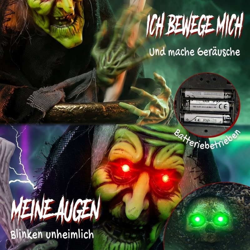 Eine animierte Hexe mit leuchtend roten Augen, beweglicher Hand und Batteriefach.