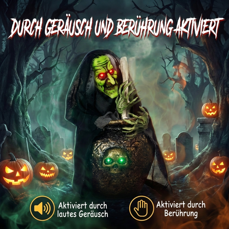 Eine grüne Hexe mit leuchtend roten Augen und einem Kessel vor einem nebligen Hintergrund mit Kürbissen und Grabsteinen.