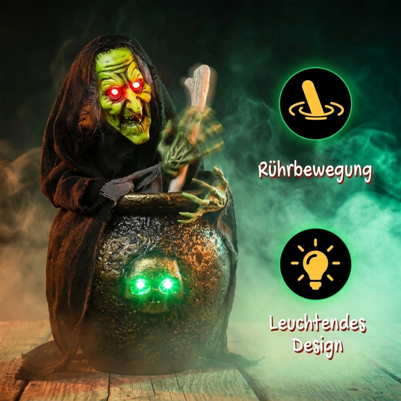 Eine grüne Hexe mit leuchtend roten Augen steht hinter einem Kessel mit Totenkopf und leuchtenden Augen.