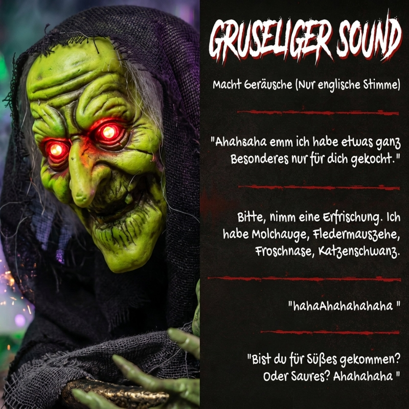 Grüne Hexe mit glühenden roten Augen, schwarzem Umhang und deutschem Text.