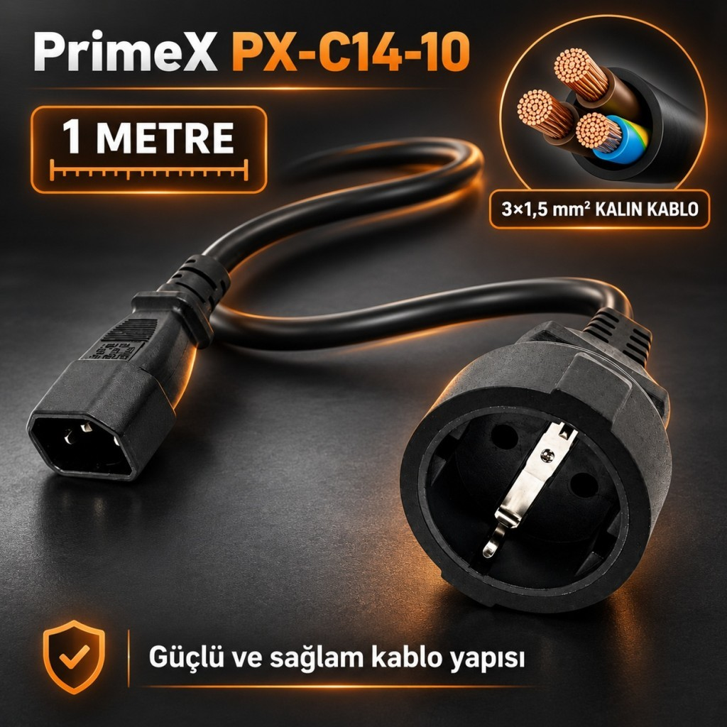 C14 fişli ve topraklı prizli siyah PrimeX güç kablosu, iç bakır telleri gösteren ek görselle.