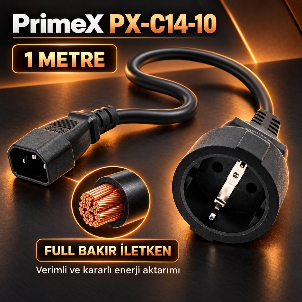 Koyu ve sıcak ışıklı arka planda bakır tel ek parçalı siyah PrimeX PX-C14-10 güç kablosu.