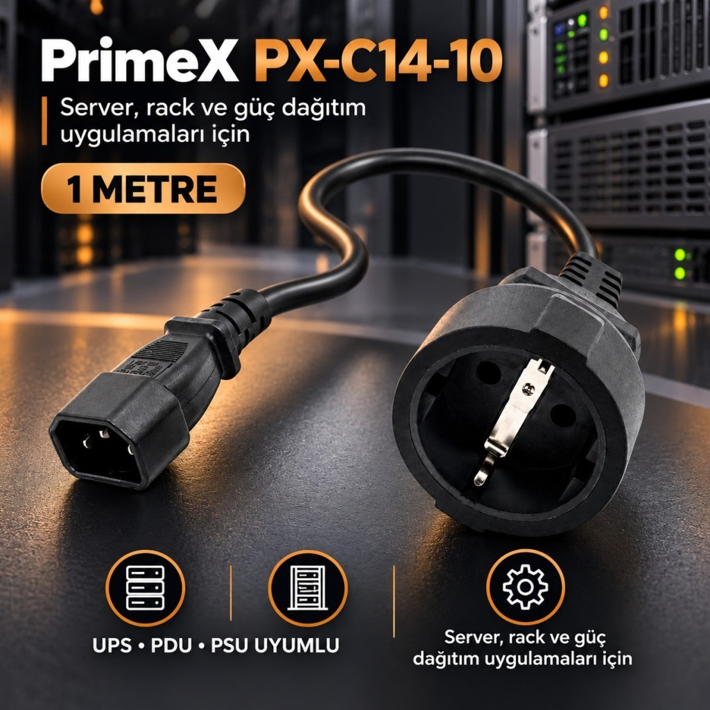 Sunucu rafları önünde C14 ve toprak fişli PrimeX PX-C14-10 güç kablosu.