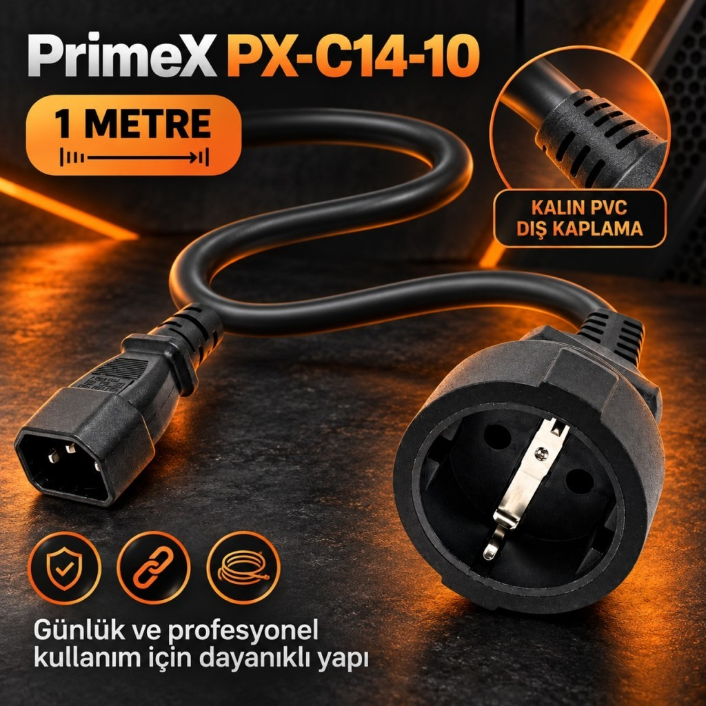 PrimeX PX-C14-10 guc kablosu, 1 metre, kalin siyah PVC dis kaplamali.