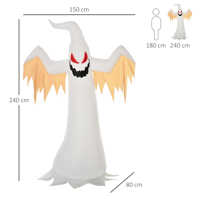 Aufblasbarer Halloween-Geist mit Maßen: 240 cm Höhe, 150 cm Breite und 80 cm Tiefe.