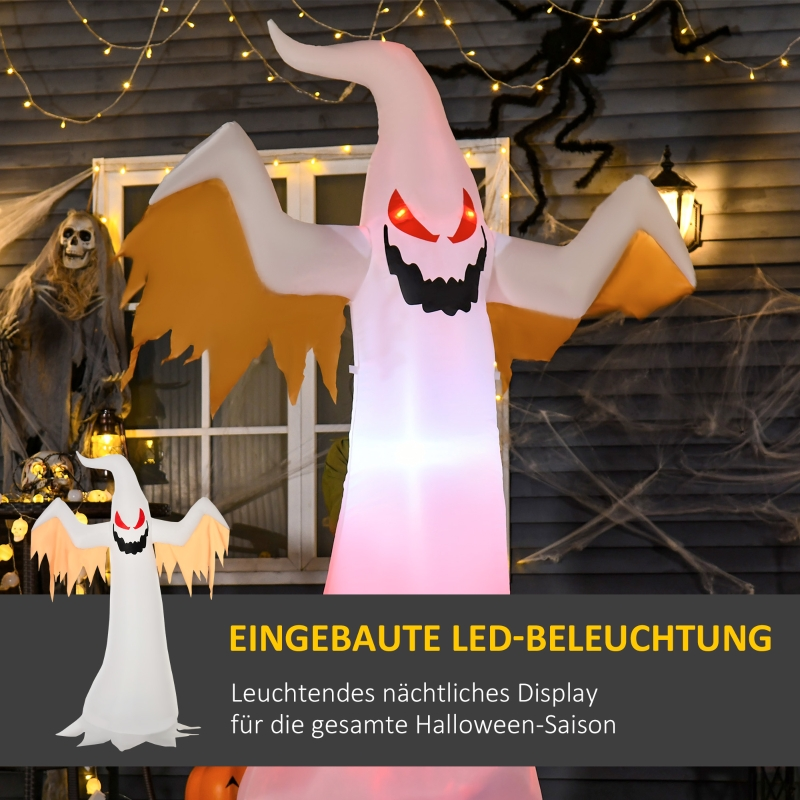 Aufblasbare Geisterdeko mit roten LED-Augen und orangefarbenen Akzenten vor einer Halloween-Hausfassade.