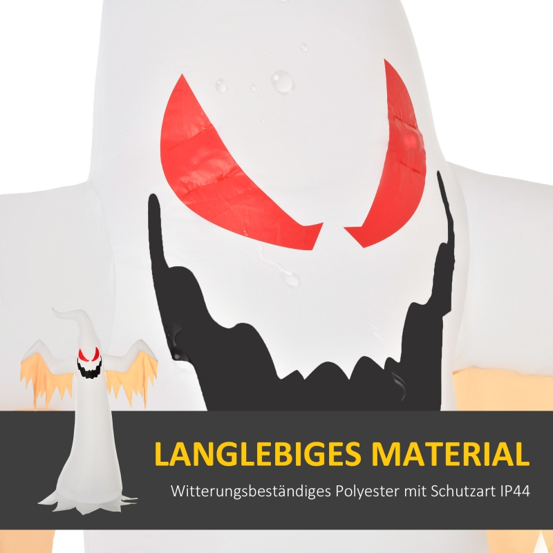 Aufblasbarer weißer Geist mit roten Augen und schwarzem Mund, im Vordergrund Text Langlebiges Material.