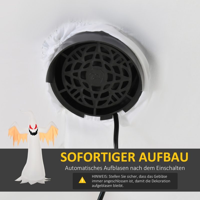 Eine schwarze kreisförmige Lüfereinheit in einer weißen aufblasbaren Struktur mit deutschem Text.