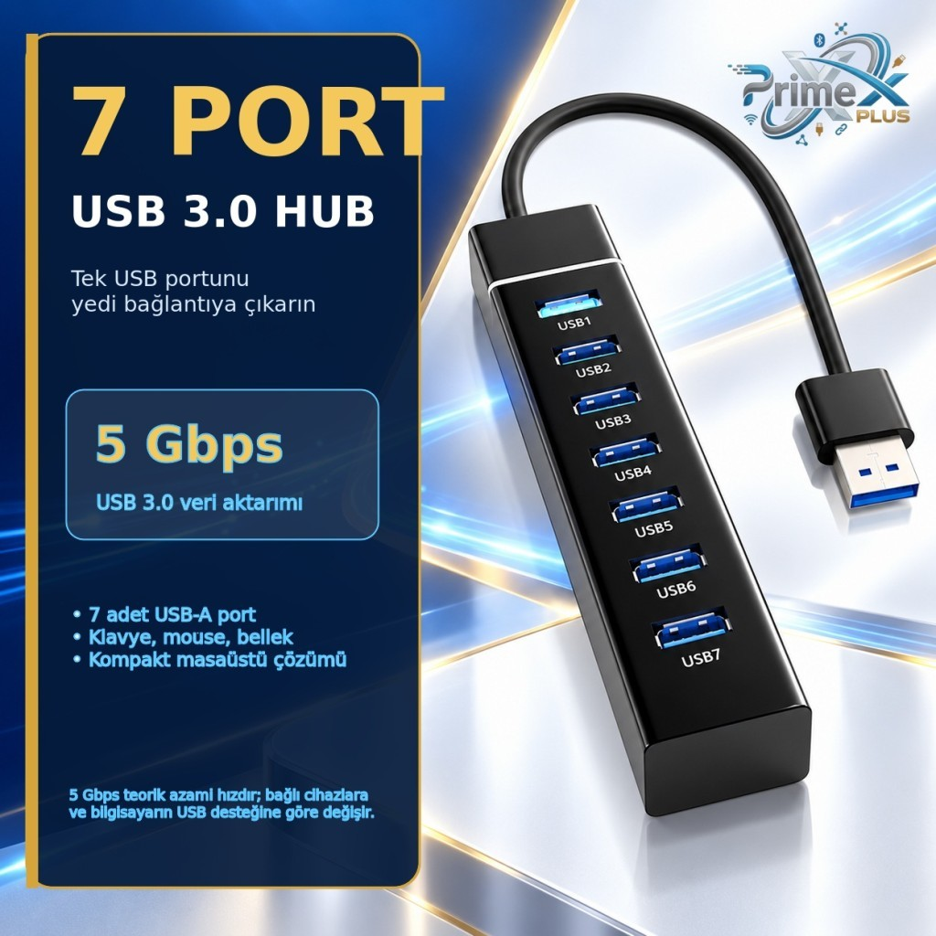 Mavi ve beyaz arka plan önünde kablolu ve mavi detaylı siyah 7 portlu USB 3.0 çoklayıcı.