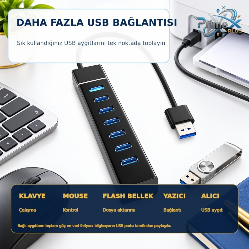 Klavye, fare ve flash belleğin yanında masada duran yedi portlu siyah bir USB çoğaltıcı.