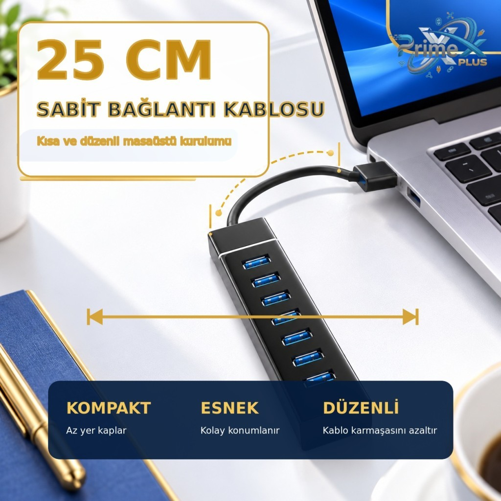 Beyaz masada gri dizüstü bilgisayara bağlı siyah 7 portlu USB çoğaltıcı ve yazılı grafikler.
