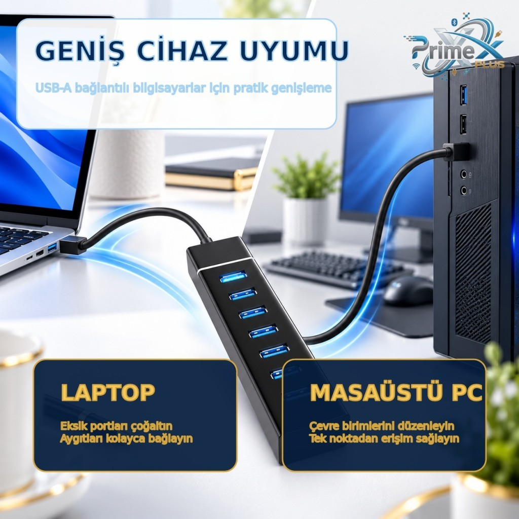 Dizüstü ve masaüstü bilgisayara bağlı siyah USB çoklayıcı, mavi portlar ve Türkçe metinler içerir.